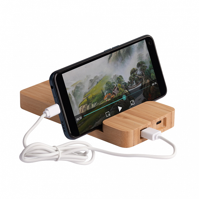 Беспроводное (10W) зарядное устройство "Bamboo Power" 5000 mAh с подставкой под смартфон, бамбук с логотипом в Нефтекамске заказать по выгодной цене в кибермаркете AvroraStore