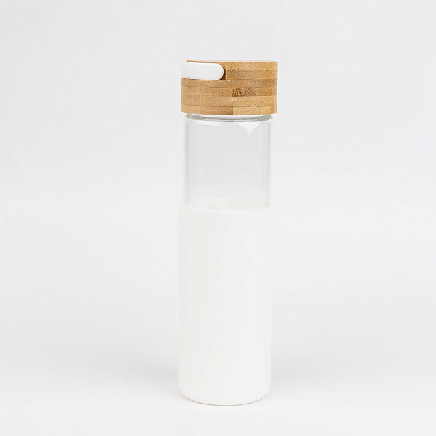 Бутылка стеклянная с силиконовой манжетой и бамбуковой крышкой  Glass , белый с логотипом в Нефтекамске заказать по выгодной цене в кибермаркете AvroraStore