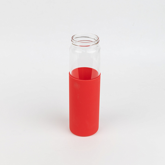 Бутылка стеклянная с силиконовой манжетой и бамбуковой крышкой  Glass , красный с логотипом в Нефтекамске заказать по выгодной цене в кибермаркете AvroraStore