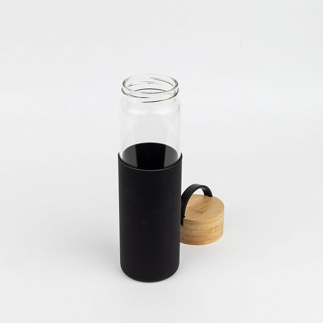 Бутылка стеклянная с силиконовой манжетой и бамбуковой крышкой  Glass , черный с логотипом в Нефтекамске заказать по выгодной цене в кибермаркете AvroraStore
