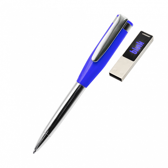 Ручка металлическая Memphys c флешкой, синий с логотипом в Нефтекамске заказать по выгодной цене в кибермаркете AvroraStore