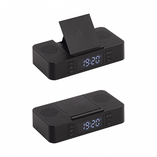Настольные часы "Smart Box" с bluetooth колонкой (2х3Вт), беспроводным (15W) зарядным устройством и складной подставкой под смартфон с логотипом в Нефтекамске заказать по выгодной цене в кибермаркете AvroraStore