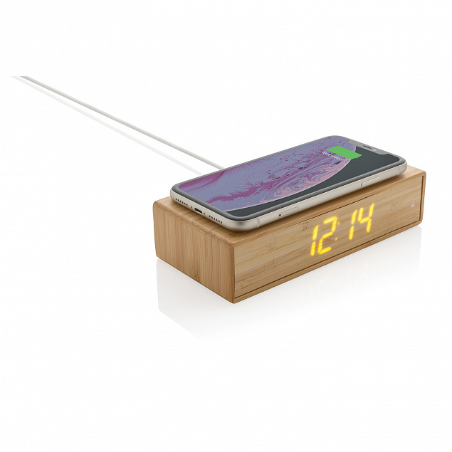 Часы с будильником Bamboo с функцией беспроводной зарядки, 5 Вт с логотипом в Нефтекамске заказать по выгодной цене в кибермаркете AvroraStore