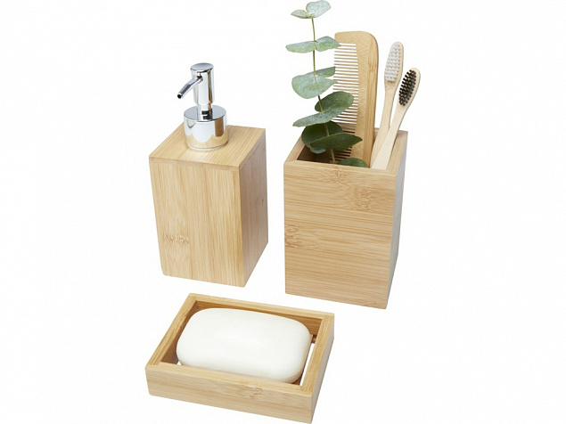 Набор из 3 аксессуаров из бамбука для ванной комнаты Hedon, natural с логотипом в Нефтекамске заказать по выгодной цене в кибермаркете AvroraStore