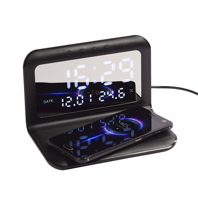 Настольные часы "Smart Time" с беспроводным (15W) зарядным устройством, будильником и термометром, со съёмным дисплеем с логотипом в Нефтекамске заказать по выгодной цене в кибермаркете AvroraStore