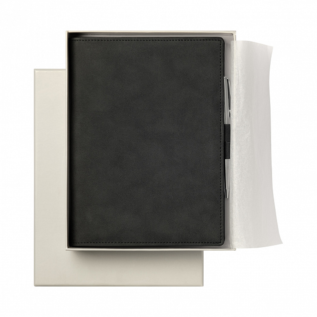 Ежедневник-портфолио Clip NEO недатированный в подарочной коробке, черный (в комплекте ручка Tesoro серебро) с логотипом в Нефтекамске заказать по выгодной цене в кибермаркете AvroraStore