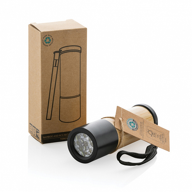 Карманный фонарик из бамбука и переработанного пластика RCS с логотипом в Нефтекамске заказать по выгодной цене в кибермаркете AvroraStore