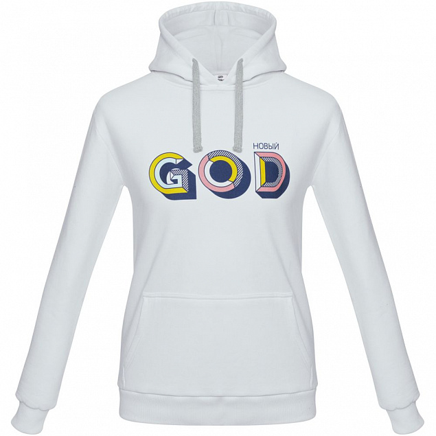 Толстовка с капюшоном «Новый GOD», белая с логотипом в Нефтекамске заказать по выгодной цене в кибермаркете AvroraStore