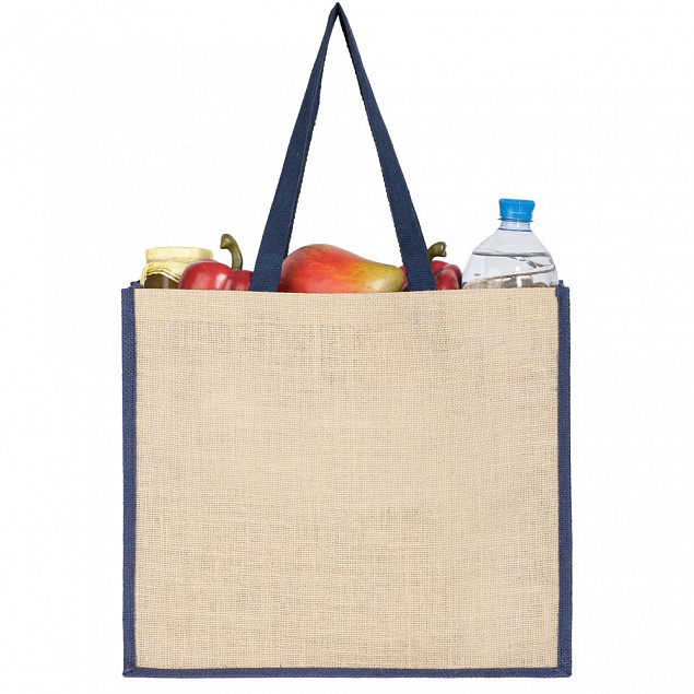Холщовая сумка для покупок Bagari с синей отделкой с логотипом в Нефтекамске заказать по выгодной цене в кибермаркете AvroraStore