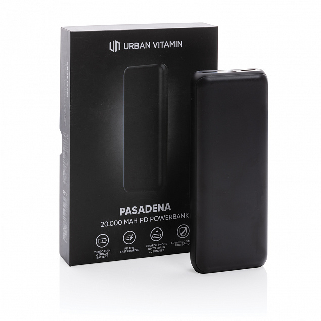 Внешний аккумулятор Urban Vitamin Pasadena с быстрой зарядкой PD, 18 Вт, 20000 мАч с логотипом в Нефтекамске заказать по выгодной цене в кибермаркете AvroraStore