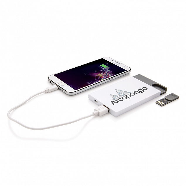 Зарядное устройство с USB–флешкой на 8 ГБ, 2500 mAh, белый с логотипом в Нефтекамске заказать по выгодной цене в кибермаркете AvroraStore