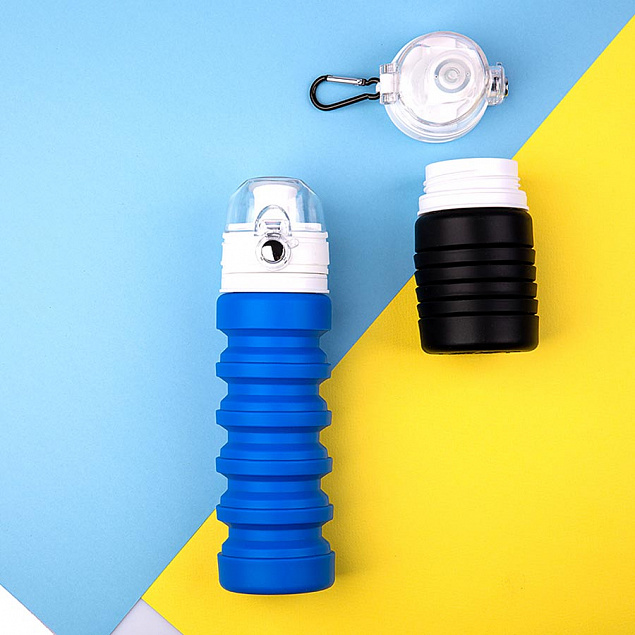 Бутылка для воды складная с карабином SPRING; синяя, 550/250 мл, силикон с логотипом в Нефтекамске заказать по выгодной цене в кибермаркете AvroraStore