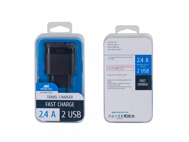 Сетевое зарядное устройство, 2 USB/2.4 A с логотипом в Нефтекамске заказать по выгодной цене в кибермаркете AvroraStore