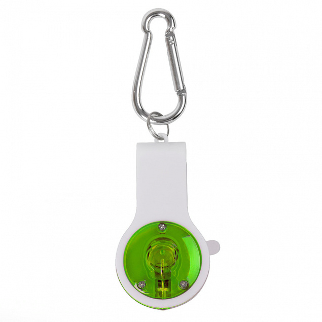 Брелок со свистком, фонариком и светоотражателем FLOYKIN на карабине, зеленый с белым,3,7х6,7х1,5см с логотипом в Нефтекамске заказать по выгодной цене в кибермаркете AvroraStore