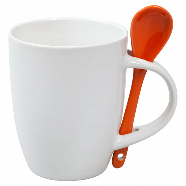 Кружка с ложкой, белая с оранжевой с логотипом в Нефтекамске заказать по выгодной цене в кибермаркете AvroraStore