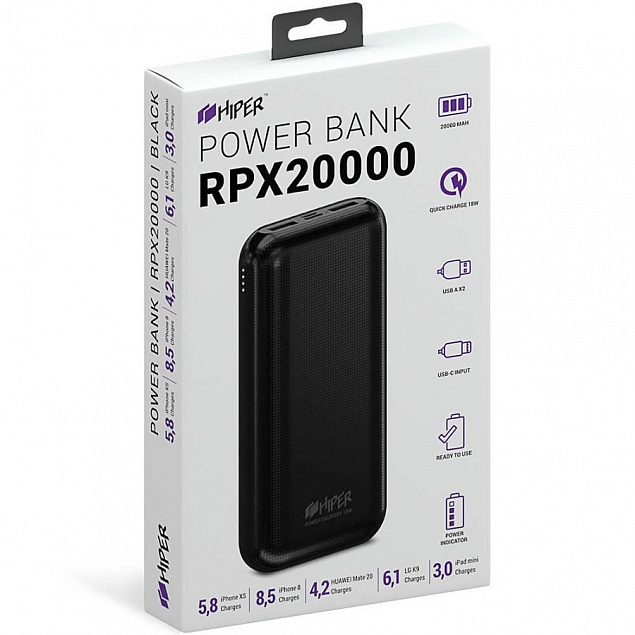 Универсальный аккумулятор RPX20000, QC3.0, PD, TYPE C, емкость 20000 мАч, черный  с логотипом в Нефтекамске заказать по выгодной цене в кибермаркете AvroraStore