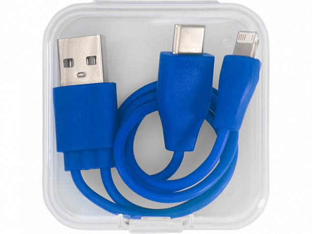 Двусторонний кабель для зарядки Ario 3-в-1 в тканевой оплетке, синий с логотипом в Нефтекамске заказать по выгодной цене в кибермаркете AvroraStore