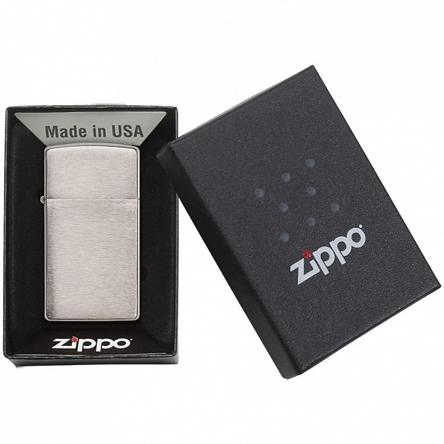 Зажигалка Zippo Slim Brushed, матовая серебристая с логотипом в Нефтекамске заказать по выгодной цене в кибермаркете AvroraStore