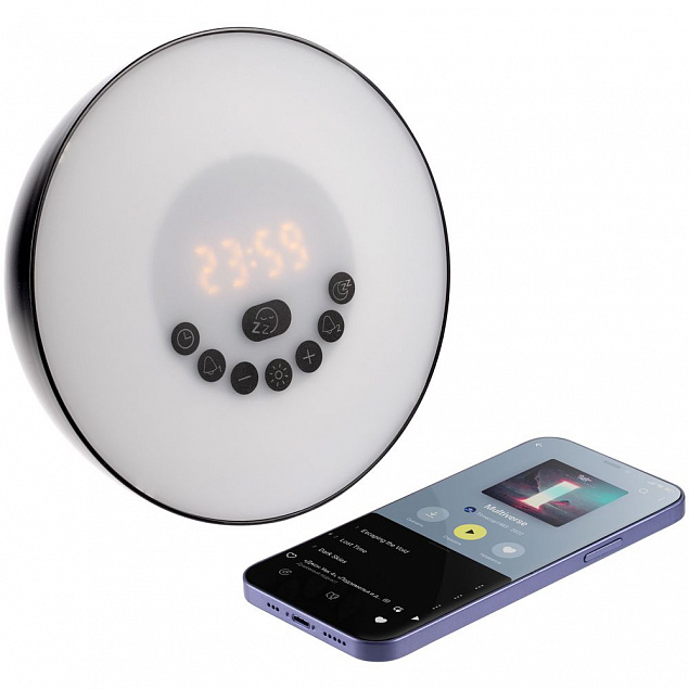 Лампа-колонка со световым будильником dreamTime, ver.2, черная с логотипом в Нефтекамске заказать по выгодной цене в кибермаркете AvroraStore