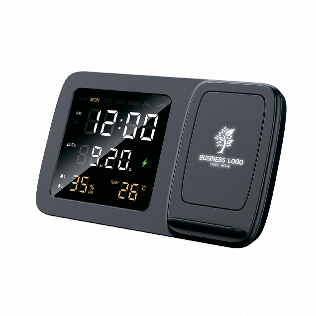 Настольные часы "Smart Screen" с беспроводным (15W) зарядным устройством, гигрометром, термометром, календарём, с подсветкой логотипа с логотипом в Нефтекамске заказать по выгодной цене в кибермаркете AvroraStore