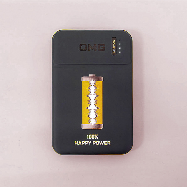 Универсальный аккумулятор OMG Flash 5 (5000 мАч) с подсветкой и soft touch, черный, 9,8х6.3х1,3 см с логотипом в Нефтекамске заказать по выгодной цене в кибермаркете AvroraStore