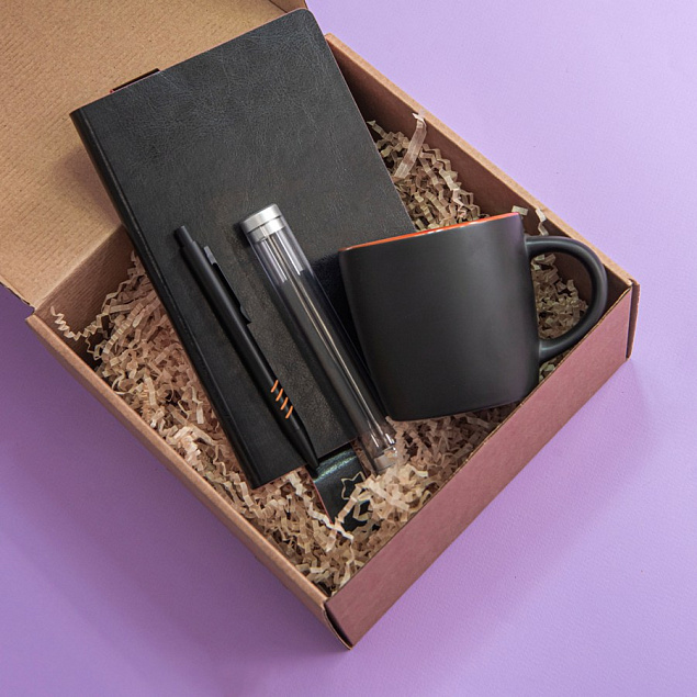 Набор подарочный DESKTOP: кружка, ежедневник, ручка,  стружка, коробка, черный/оранжевый с логотипом в Нефтекамске заказать по выгодной цене в кибермаркете AvroraStore