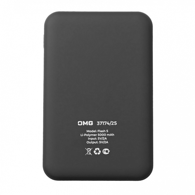 Универсальный аккумулятор OMG Flash 5 (5000 мАч) с подсветкой и soft touch, черный, 9,8х6.3х1,3 см с логотипом в Нефтекамске заказать по выгодной цене в кибермаркете AvroraStore