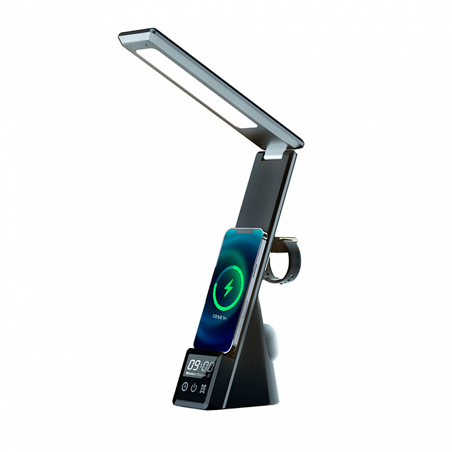 Настольная лампа Zeus с беспроводными зарядками, часами и будильником с логотипом в Нефтекамске заказать по выгодной цене в кибермаркете AvroraStore