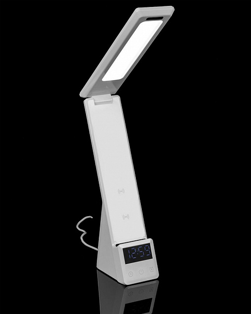 Лампа с часами и беспроводной зарядкой Powerack, белая с логотипом в Нефтекамске заказать по выгодной цене в кибермаркете AvroraStore