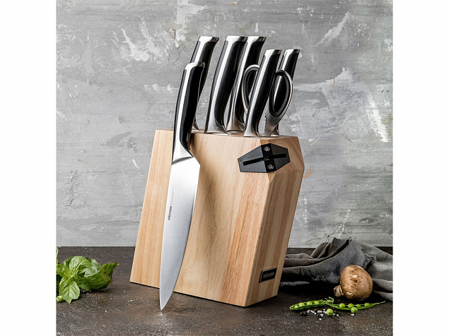 Набор из 5 кухонных ножей, ножниц и блока для ножей с ножеточкой «URSA» с логотипом в Нефтекамске заказать по выгодной цене в кибермаркете AvroraStore