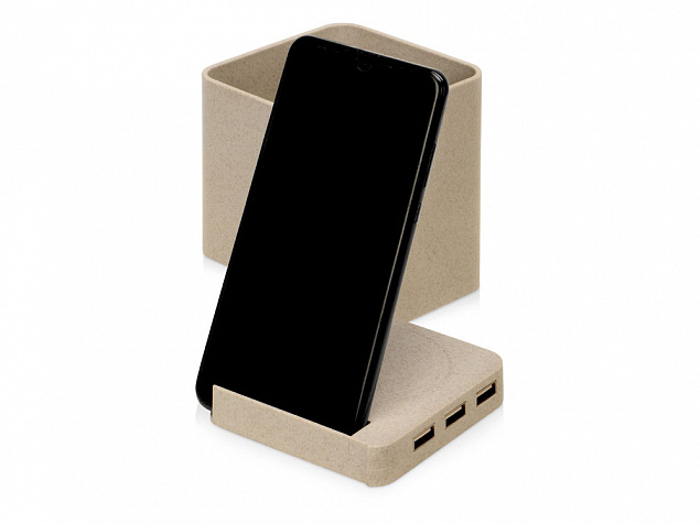 Настольный органайзер Cubic из пшеничного волокна с функцией беспроводной зарядки и выходами USB с логотипом в Нефтекамске заказать по выгодной цене в кибермаркете AvroraStore