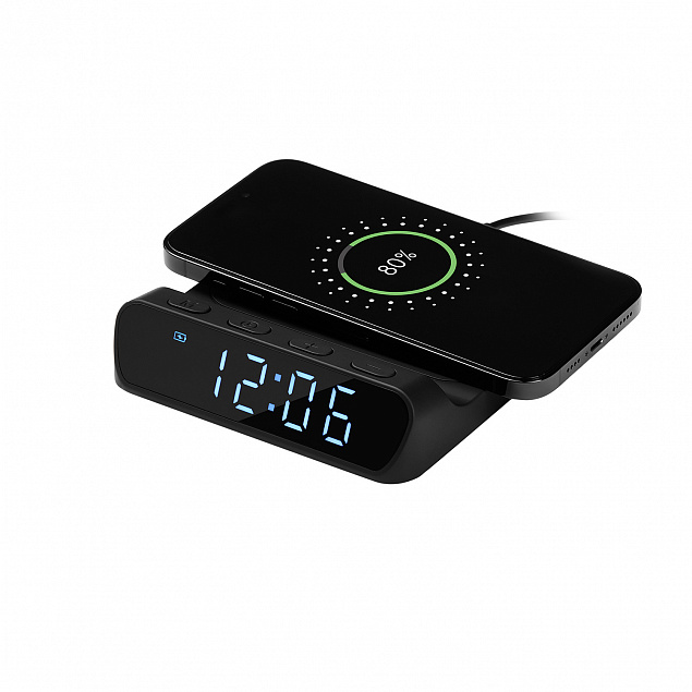 Настольные часы с беспроводной зарядкой 15W Rigel, черные с логотипом в Нефтекамске заказать по выгодной цене в кибермаркете AvroraStore